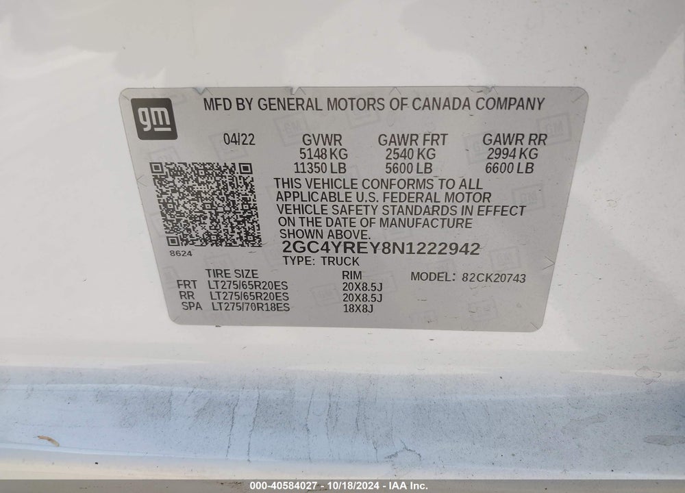 2022 CHEVROLET SILVERADO 2500HD 4WD STANDARD BED HIGH COUNTRY VIN: 2GC4YREY8N1222942