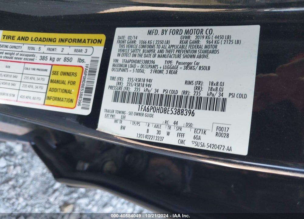 2014 FORD FUSION SE VIN: 1FA6P0HD8E5388396