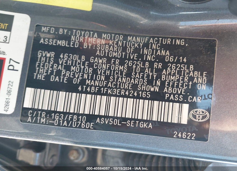 2014 TOYOTA CAMRY XLE VIN: 4T4BF1FK3ER424165