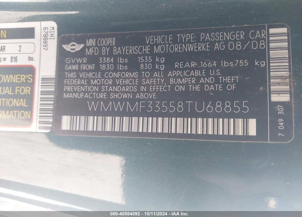 2008 MINI COOPER VIN: WMWMF33558TU68855