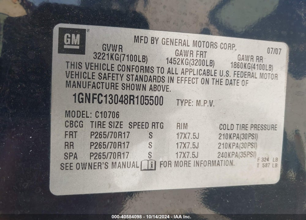 2008 CHEVROLET TAHOE LT VIN: 1GNFC13048R105500