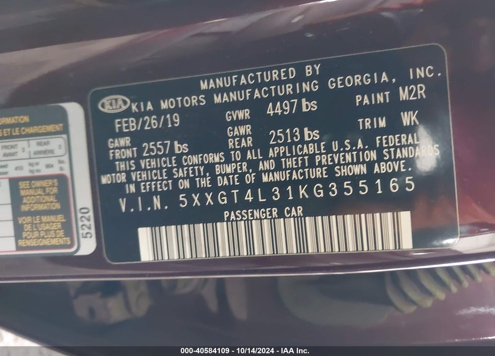 2019 KIA OPTIMA LX VIN: 5XXGT4L31KG355165