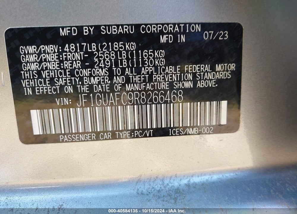 2024 SUBARU IMPREZA SPORT 5-DOOR VIN: JF1GUAFC9R8266468