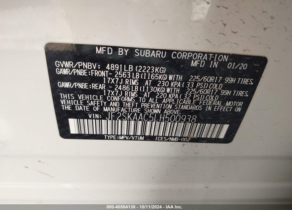 2020 SUBARU FORESTER VIN: JF2SKAAC5LH500938