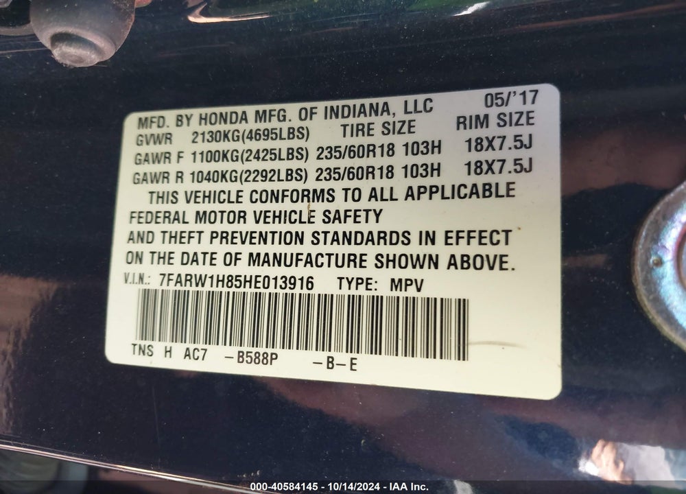 2017 HONDA CR-V VIN: 7FARW1H85HE013916