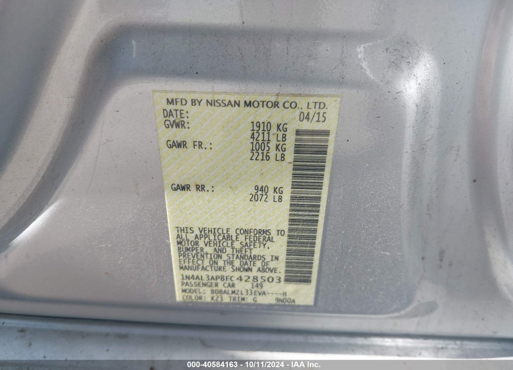 2015 NISSAN ALTIMA 2.5 SV VIN: 1N4AL3AP8FC428503