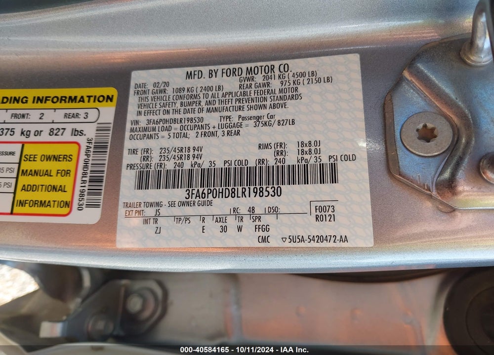 2020 FORD FUSION SE VIN: 3FA6P0HD8LR198530
