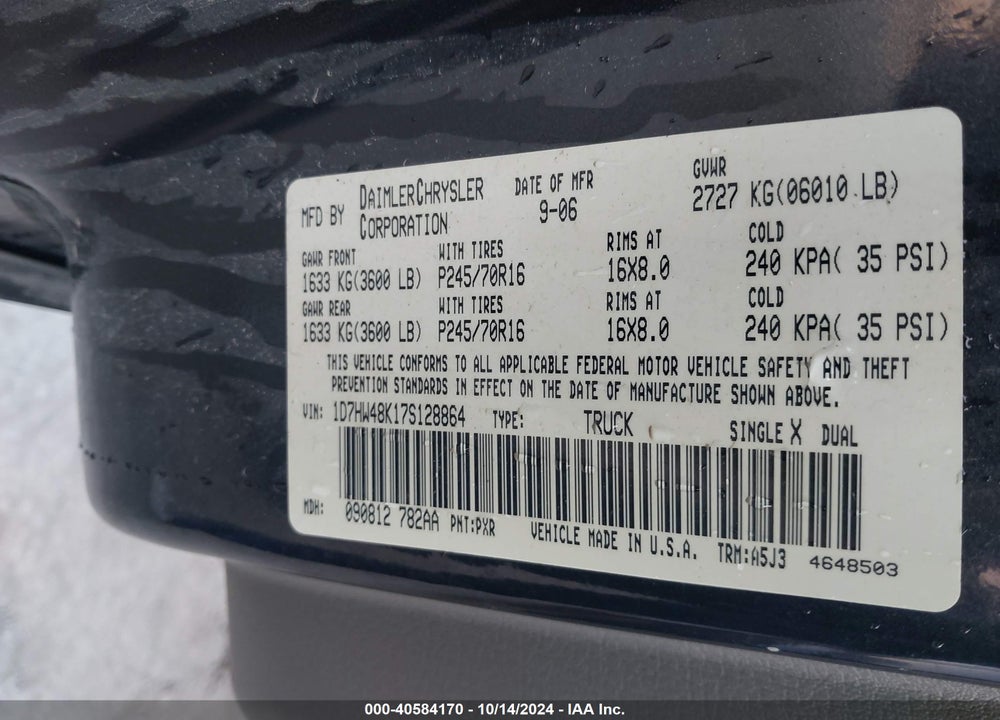 2007 DODGE DAKOTA SLT VIN: 1D7HW48K17S128864