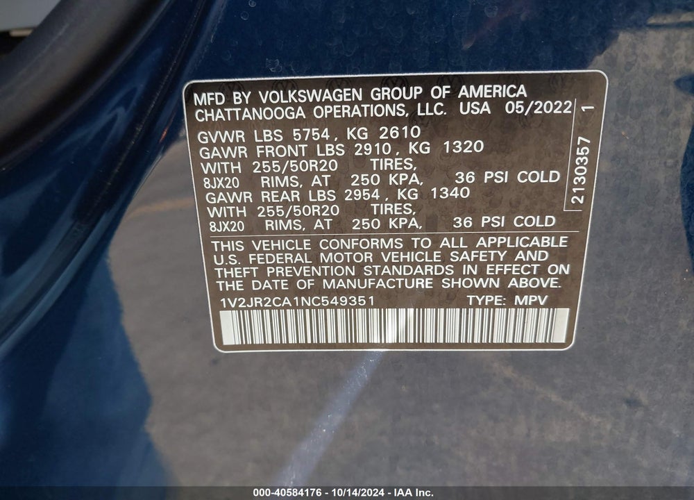 2022 VOLKSWAGEN ATLAS 3.6L V6 SE W/TECHNOLOGY VIN: 1V2JR2CA1NC549351