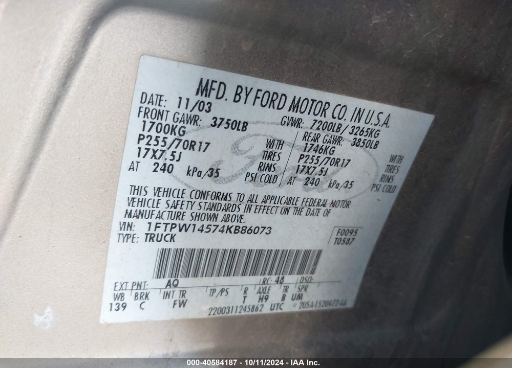 2004 FORD F-150 FX4/LARIAT/XLT VIN: 1FTPW14574KB86073