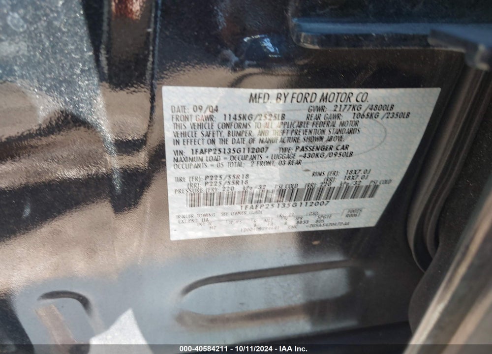 2005 FORD FIVE HUNDRED LIMITED VIN: 1FAFP25135G112007