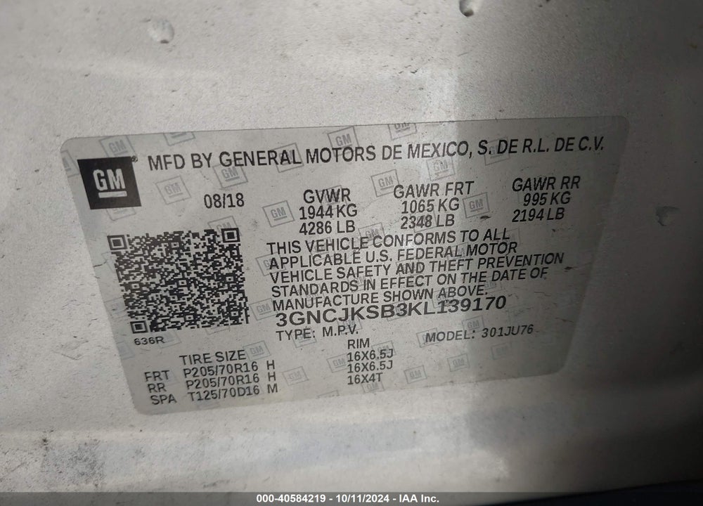 2019 CHEVROLET TRAX LS VIN: 3GNCJKSB3KL139170