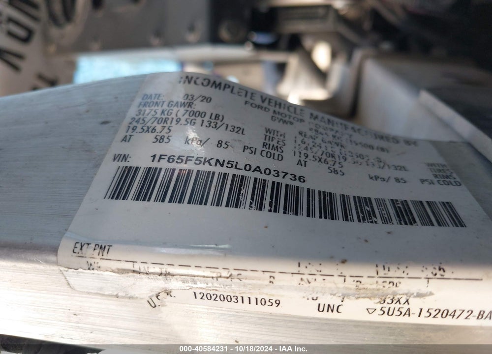 2020 FORD F-59 COMMERCIAL STRIPPED VIN: 1F65F5KN5L0A03736