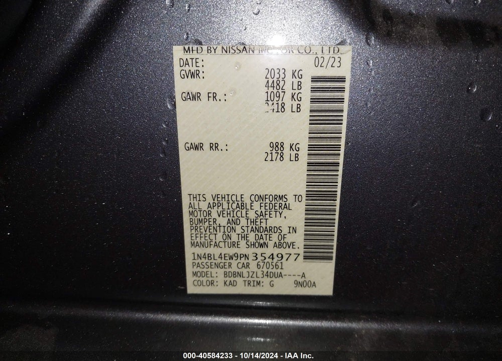 2023 NISSAN ALTIMA VIN: 1N4BL4EW9PN354977