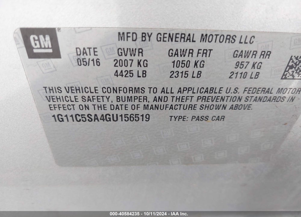 2016 CHEVROLET MALIBU LIMITED LT VIN: 1G11C5SA4GU156519