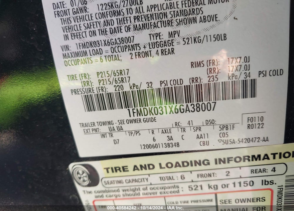 2006 FORD FREESTYLE LIMITED VIN: 1FMDK031X6GA38007