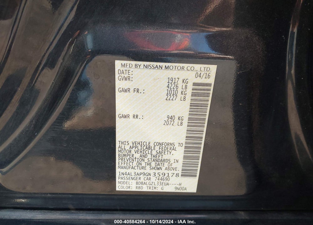 2016 NISSAN ALTIMA 2.5 S VIN: 1N4AL3AP9GN359178