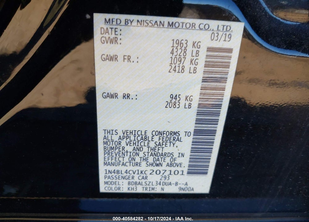 2019 NISSAN ALTIMA 2.5 SR VIN: 1N4BL4CV1KC207101