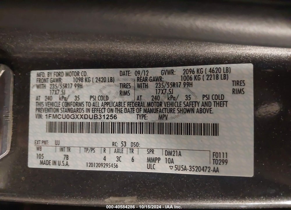2013 FORD ESCAPE SE VIN: 1FMCU0GXXDUB31256