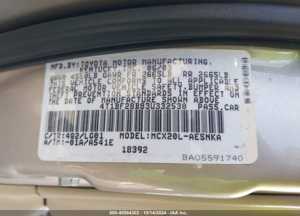 2003 TOYOTA AVALON VIN: 4T1BF28B83U332530