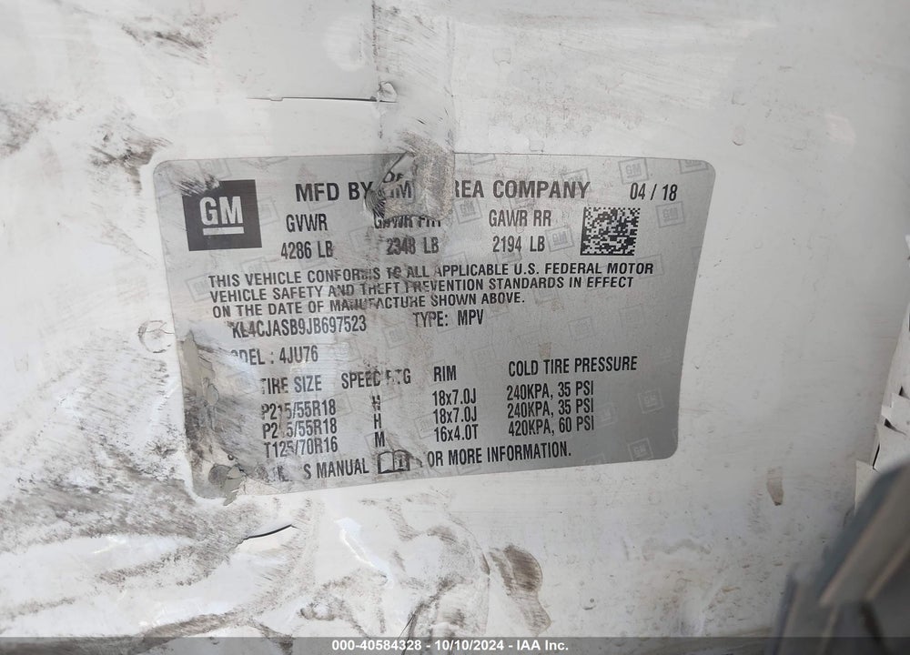 2018 BUICK ENCORE PREFERRED VIN: KL4CJASB9JB697523