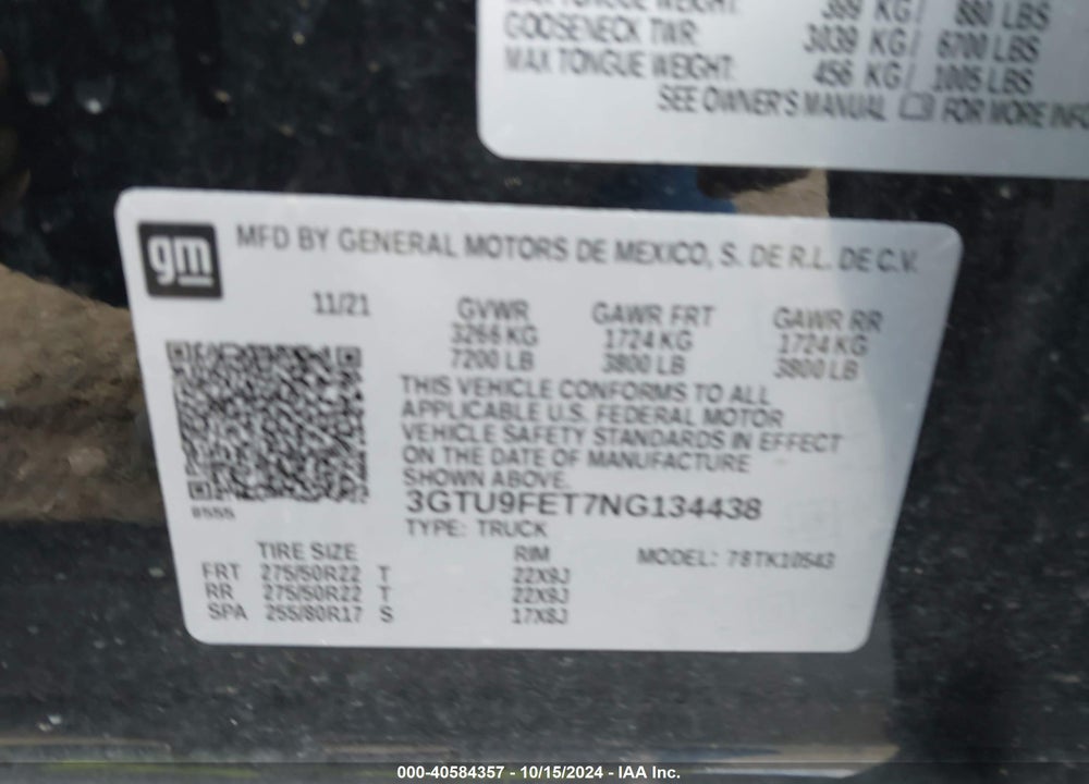 2022 GMC SIERRA 1500 LIMITED 4WD SHORT BOX DENALI VIN: 3GTU9FET7NG134438