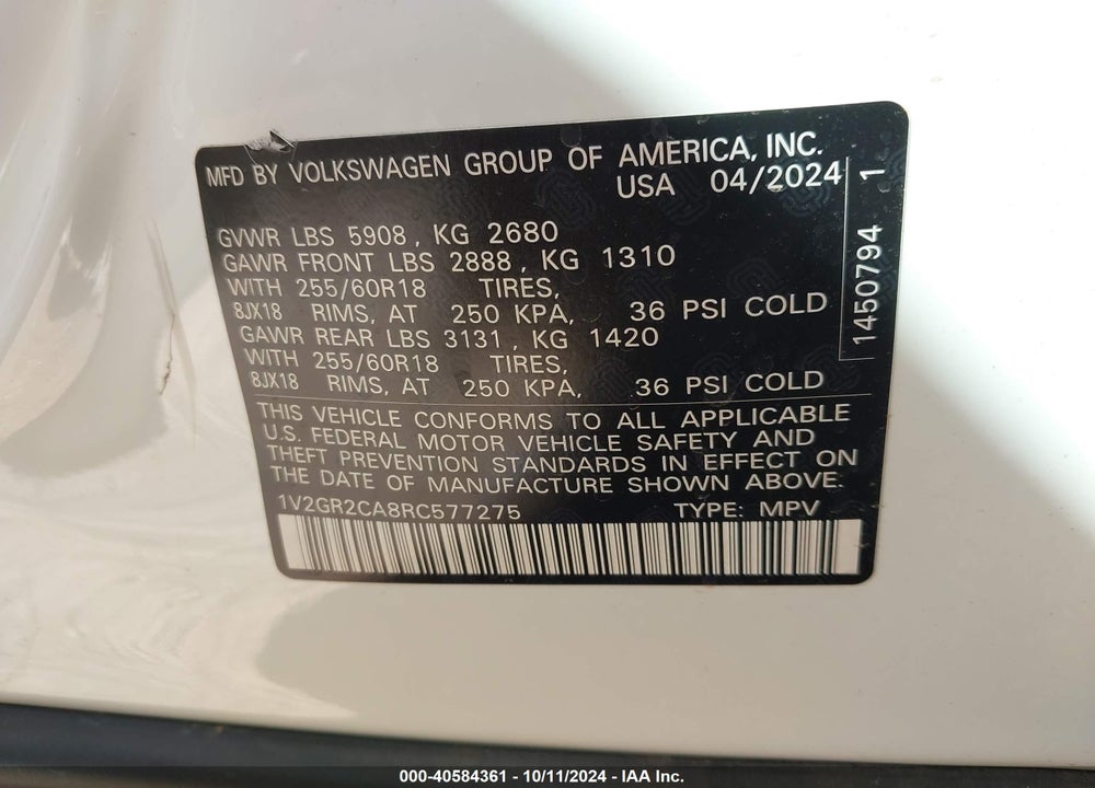 2024 VOLKSWAGEN ATLAS 2.0T PEAK EDITION SEL VIN: 1V2GR2CA8RC577275
