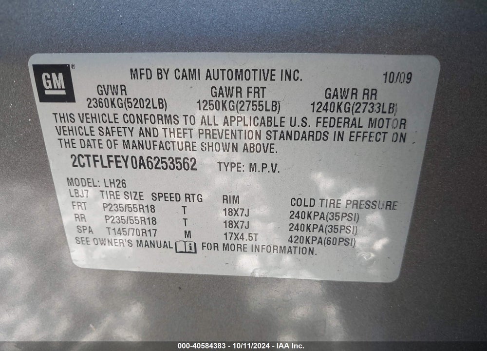 2010 GMC TERRAIN SLT-1 VIN: 2CTFLFEY0A6253562