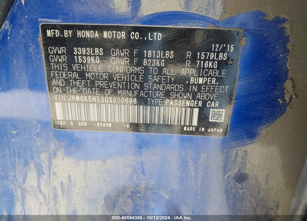 2016 HONDA FIT LX VIN: JHMGK5H53GX020698