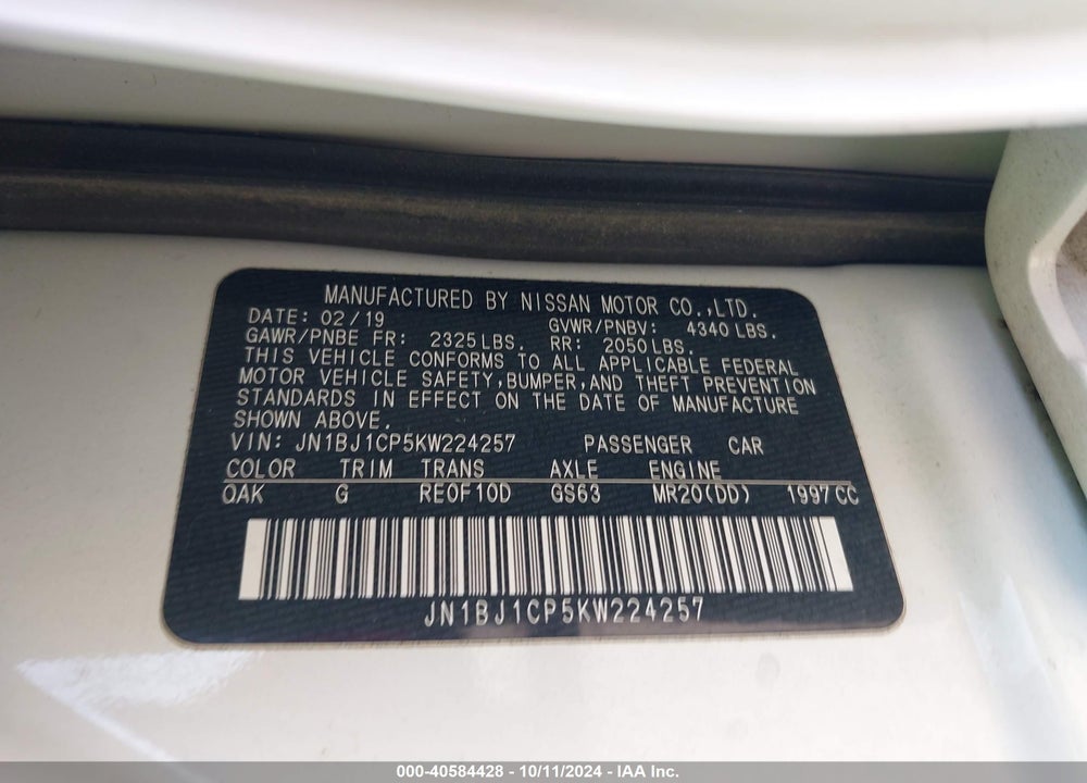 2019 NISSAN ROGUE SPORT S VIN: JN1BJ1CP5KW224257