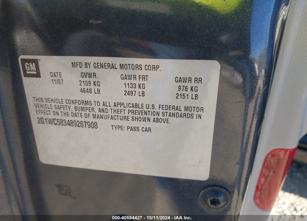 2008 CHEVROLET IMPALA VIN: 2G1WC583489267908