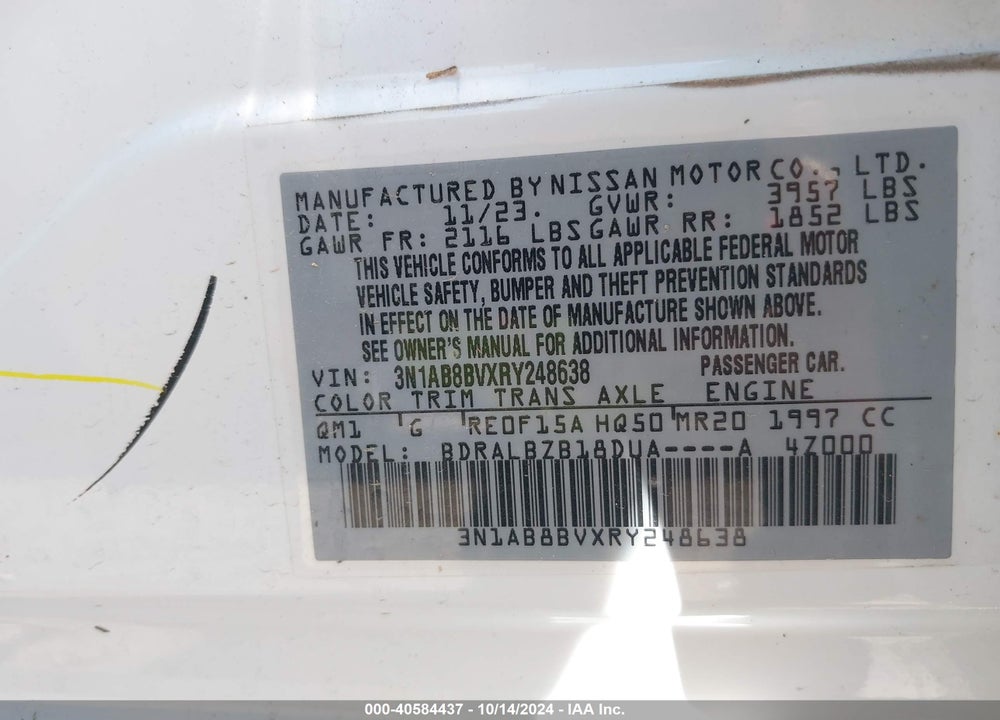 2024 NISSAN SENTRA S XTRONIC CVT VIN: 3N1AB8BVXRY248638