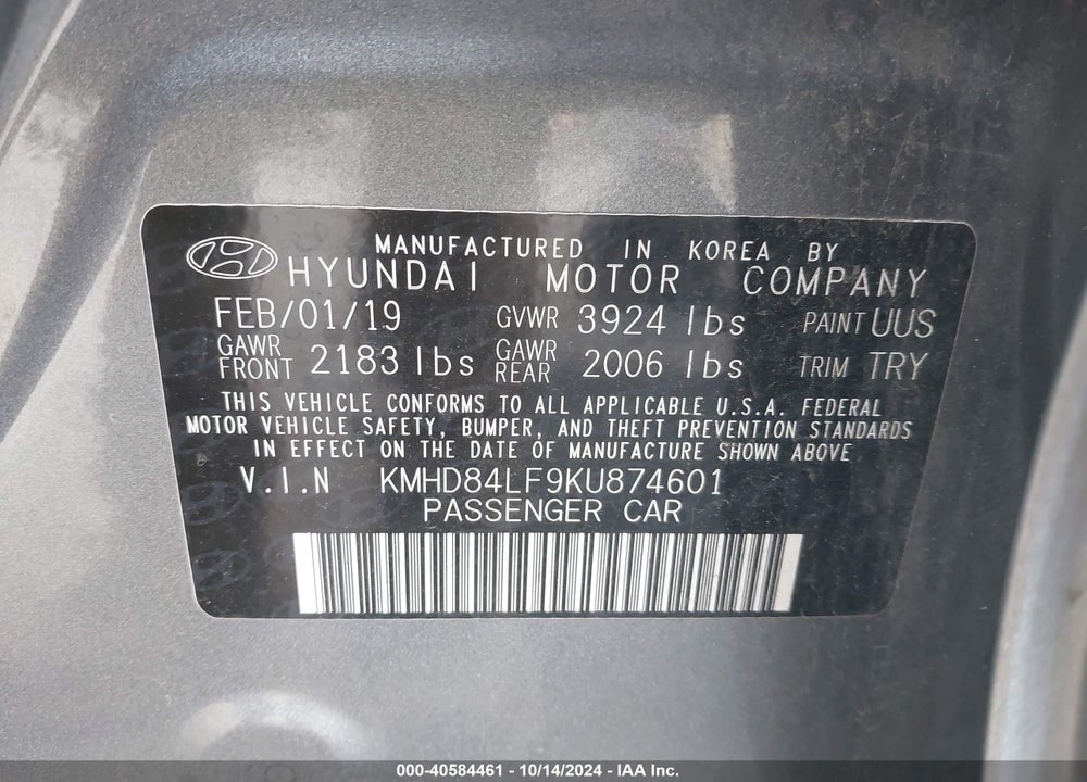 2019 HYUNDAI ELANTRA VALUE EDITION VIN: KMHD84LF9KU874601