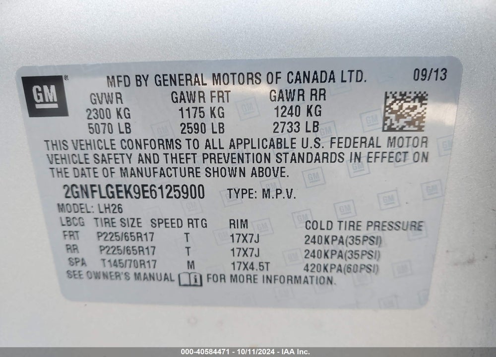 2014 CHEVROLET EQUINOX 2LT VIN: 2GNFLGEK9E6125900