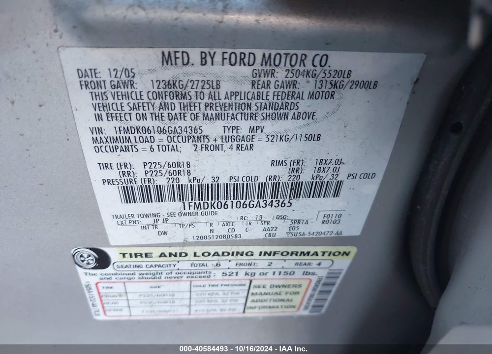 2006 FORD FREESTYLE LIMITED VIN: 1FMDK06106GA34365