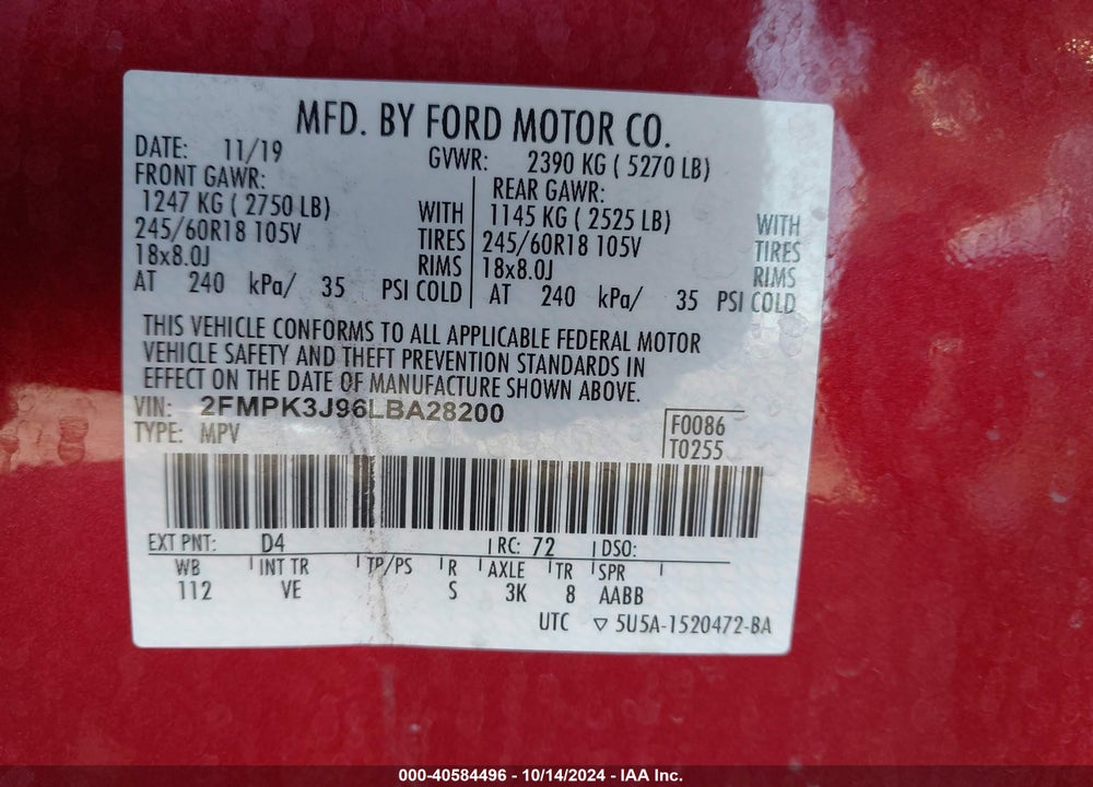 2020 FORD EDGE SEL VIN: 2FMPK3J96LBA28200
