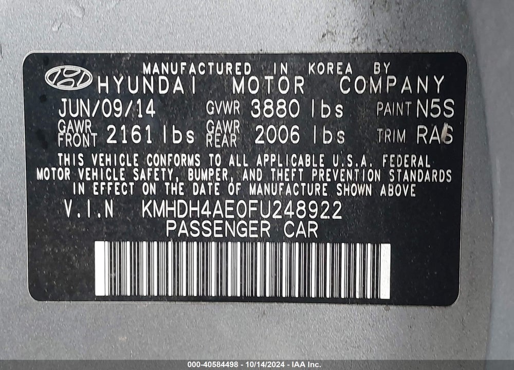 2015 HYUNDAI ELANTRA SE VIN: KMHDH4AE0FU248922