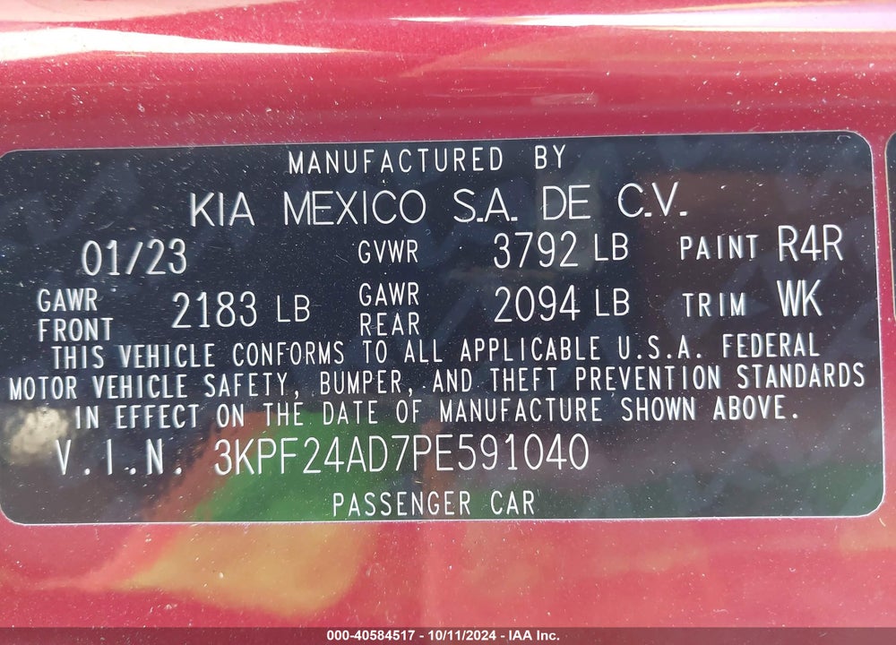 2023 KIA FORTE LXS VIN: 3KPF24AD7PE591040