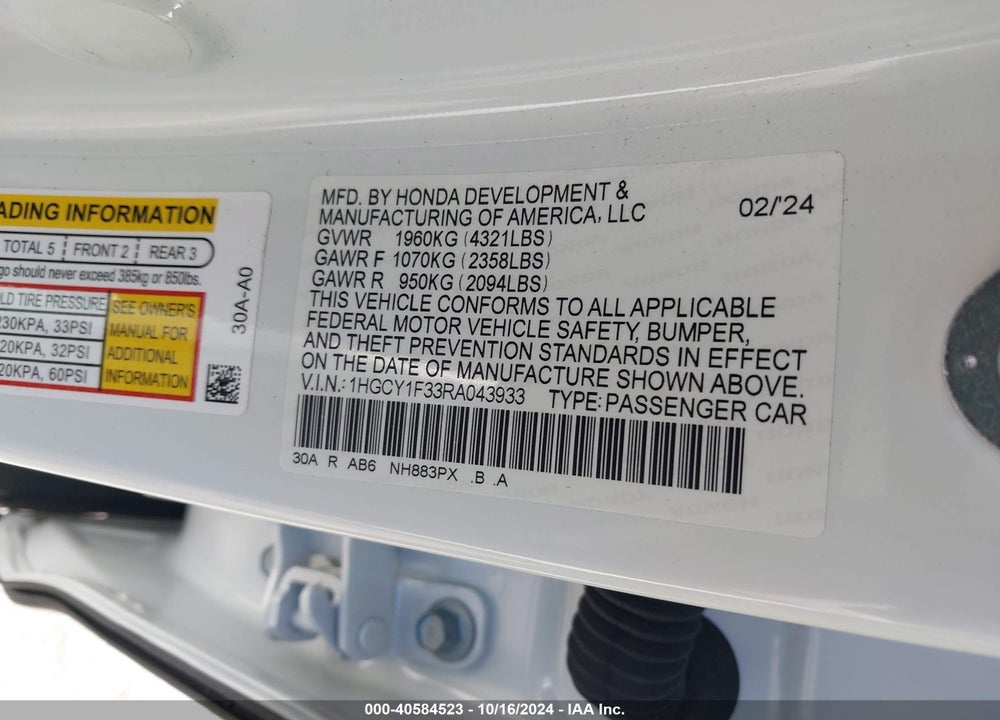 2024 HONDA ACCORD EX VIN: 1HGCY1F33RA043933