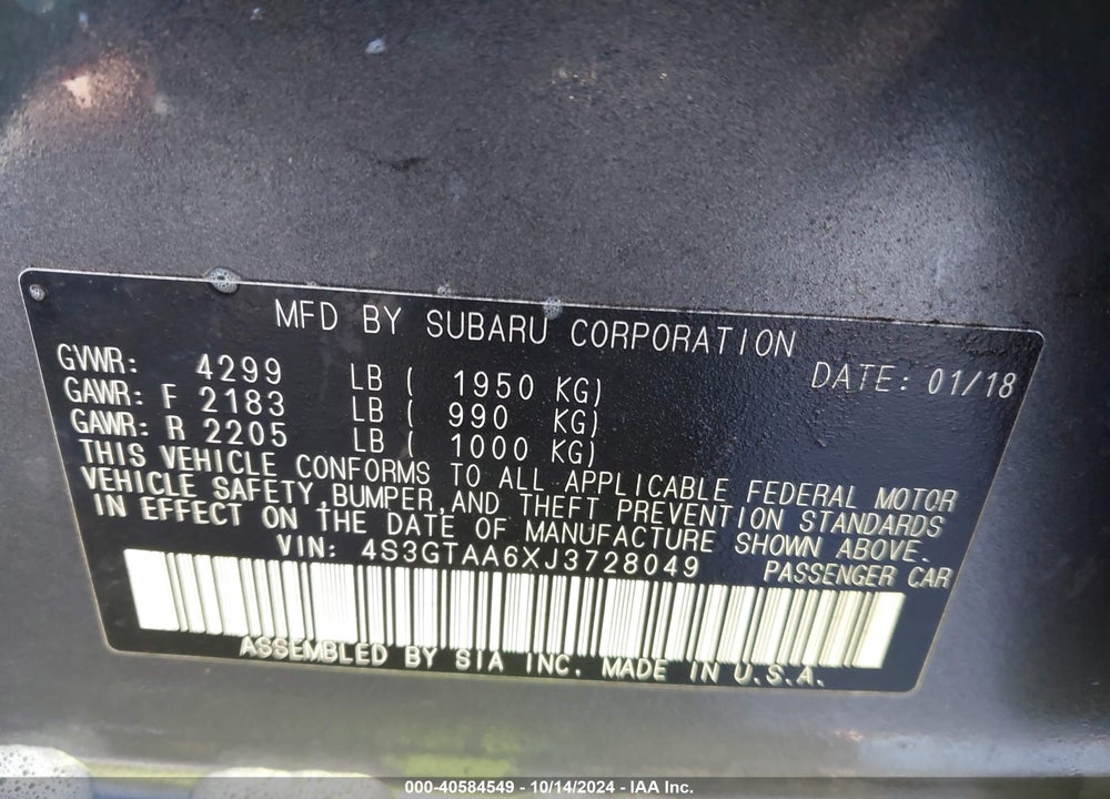 2018 SUBARU IMPREZA 2.0I VIN: 4S3GTAA6XJ3728049