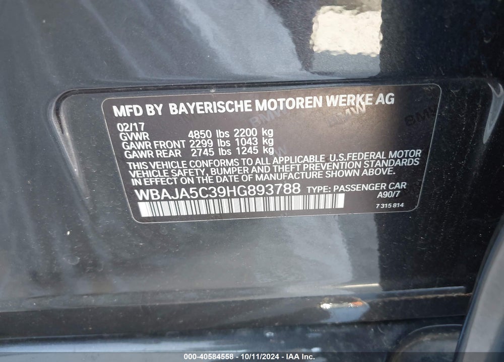 2017 BMW 530I VIN: WBAJA5C39HG893788