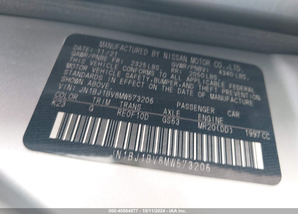 2021 NISSAN ROGUE SPORT SV FWD XTRONIC CVT VIN: JN1BJ1BV8MW573206