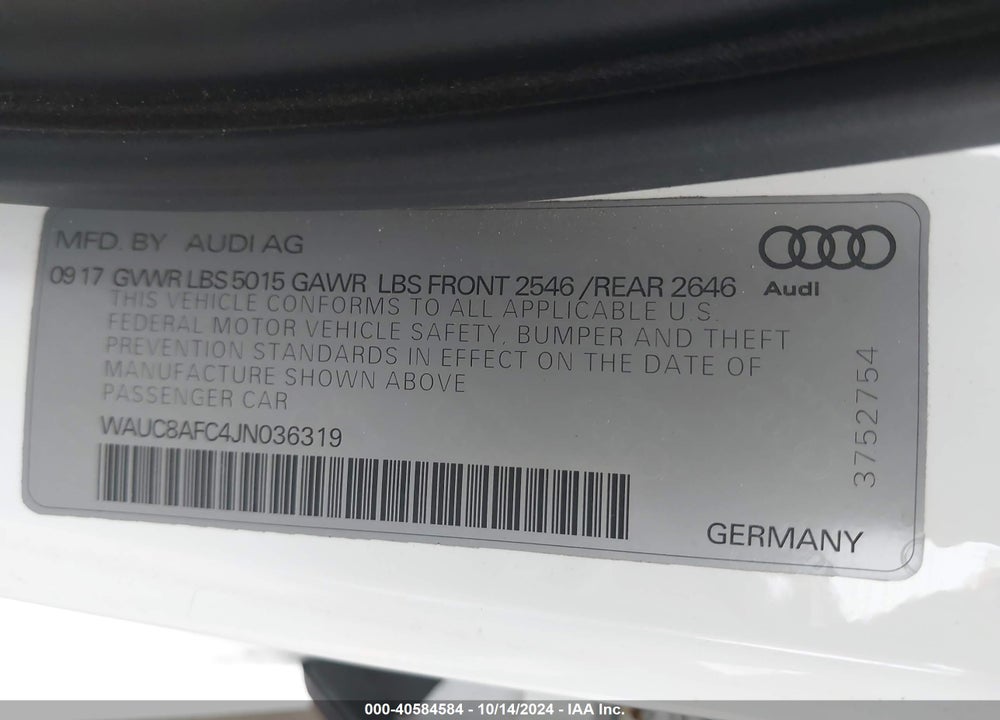 2018 AUDI A6 2.0T PREMIUM/2.0T SPORT VIN: WAUC8AFC4JN036319