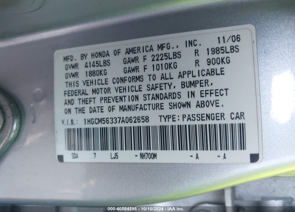 2007 HONDA ACCORD 2.4 SE VIN: 1HGCM56337A062658