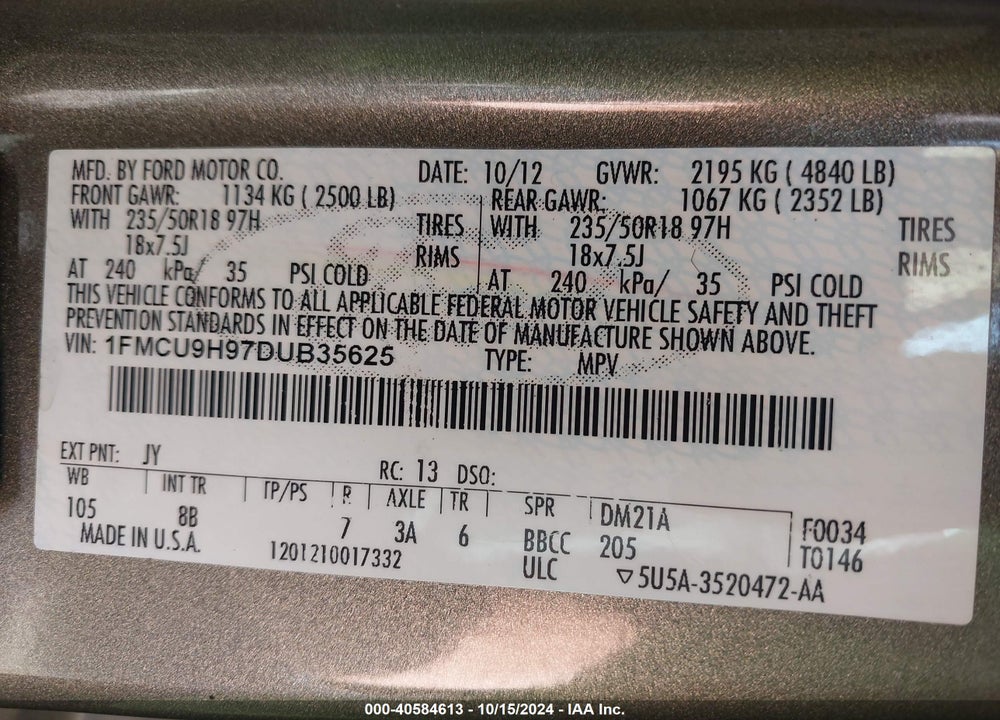 2013 FORD ESCAPE SEL VIN: 1FMCU9H97DUB35625