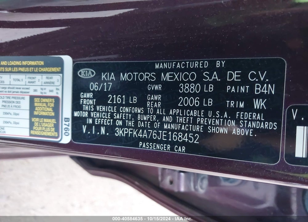 2018 KIA FORTE LX VIN: 3KPFK4A76JE168452
