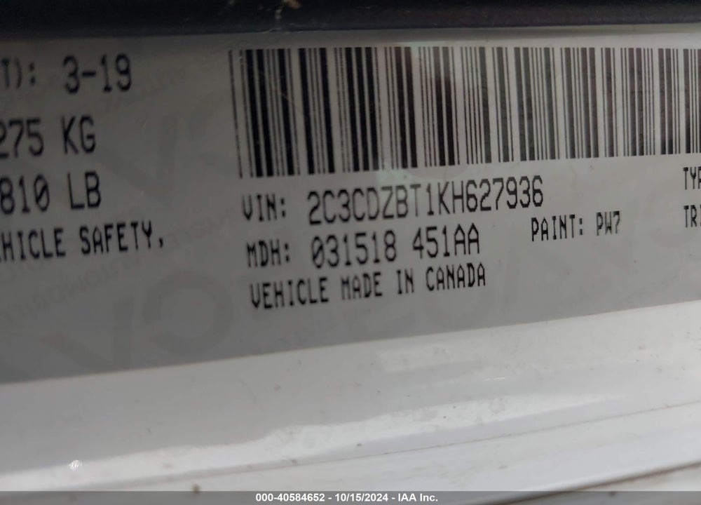 2019 DODGE CHALLENGER R/T VIN: 2C3CDZBT1KH627936