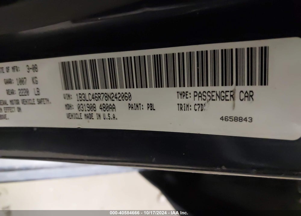 2008 DODGE AVENGER SE VIN: 1B3LC46R78N242060