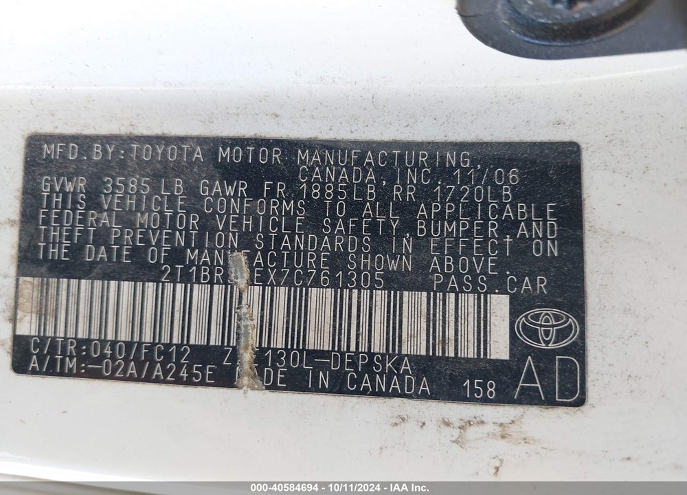 2007 TOYOTA COROLLA S VIN: 2T1BR32EX7C761305