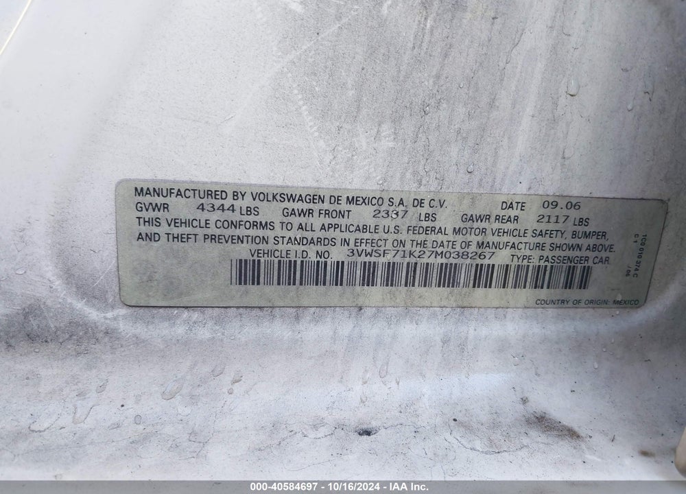 2007 VOLKSWAGEN JETTA 2.5 VIN: 3VWSF71K27M038267